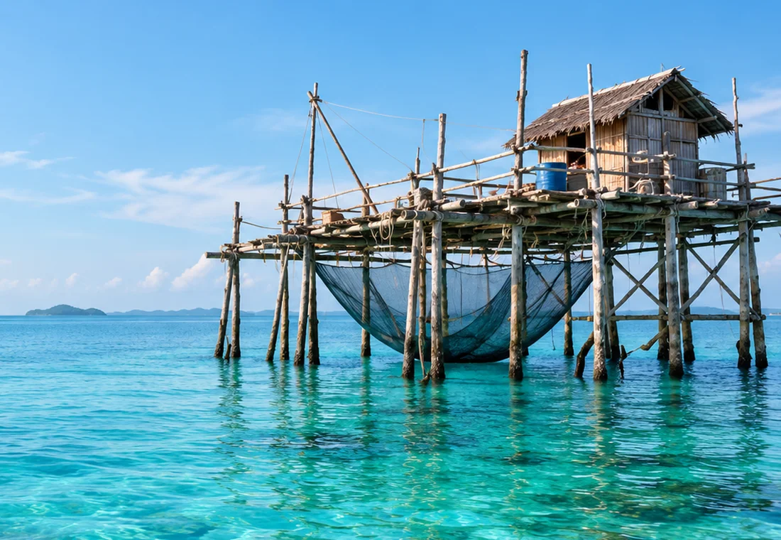 AI-assisted semi-realistic visualization of a Malay kelong for education; not a documentary photograph of a specific place.
